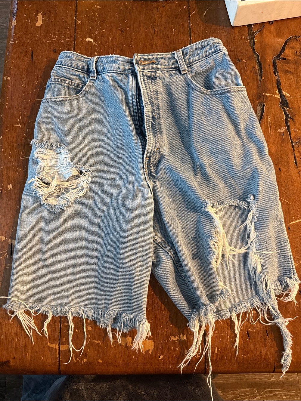 Vintage Light Wash Distressed Denim Long Shorts